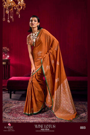 RAJTEX Wine Lotus Satin Linen Sarees