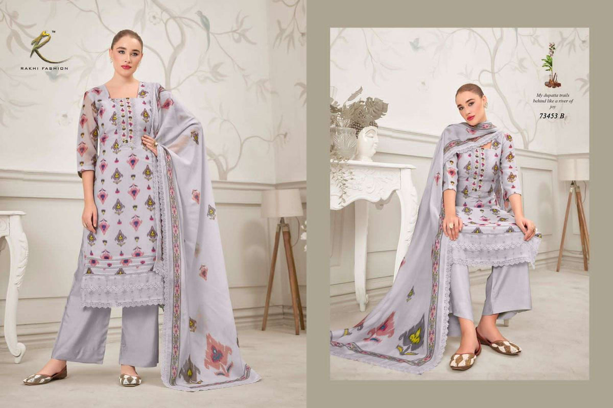 Rakhi Fashion Summer Fragrance 73453 Pure Bemberg Mal Chanderi Dress Material