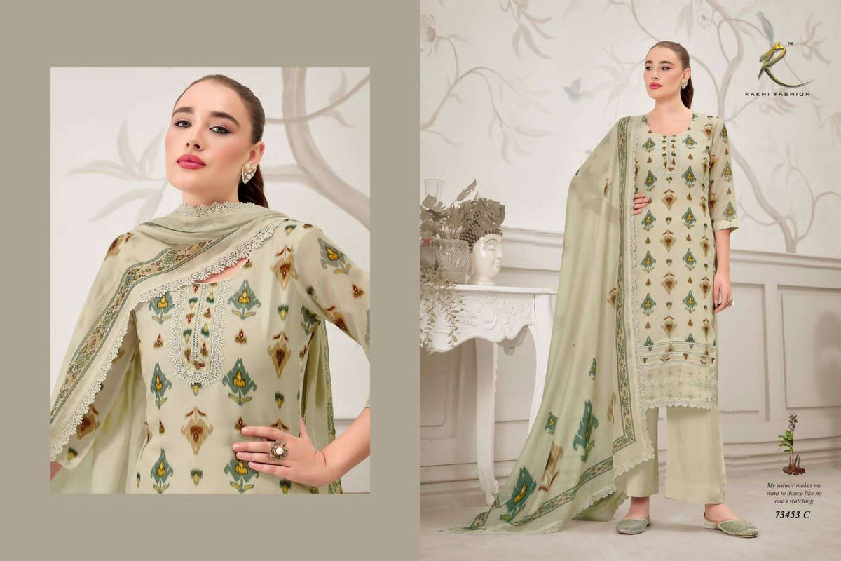 Rakhi Fashion Summer Fragrance 73453 Pure Bemberg Mal Chanderi Dress Material