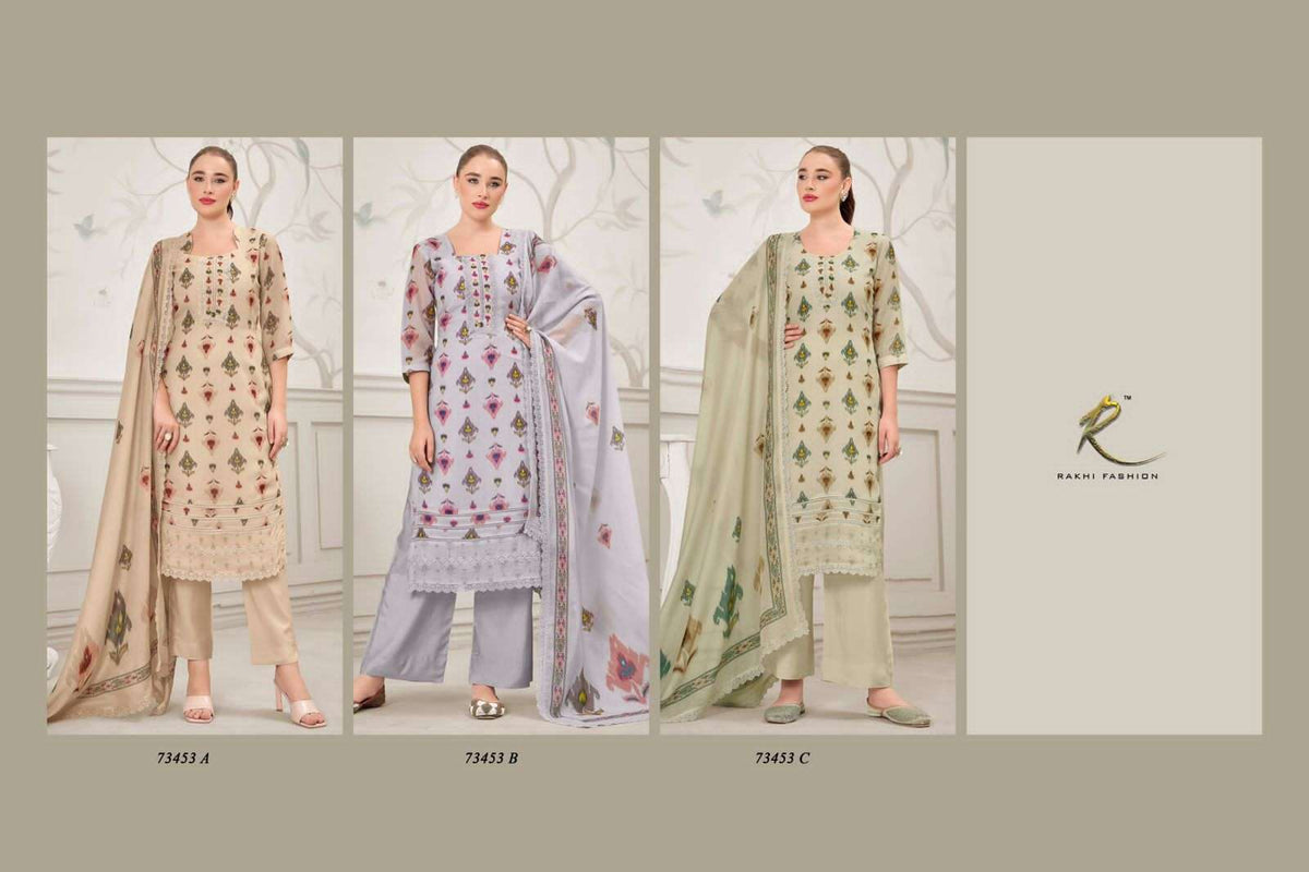 Rakhi Fashion Summer Fragrance 73453 Pure Bemberg Mal Chanderi Dress Material