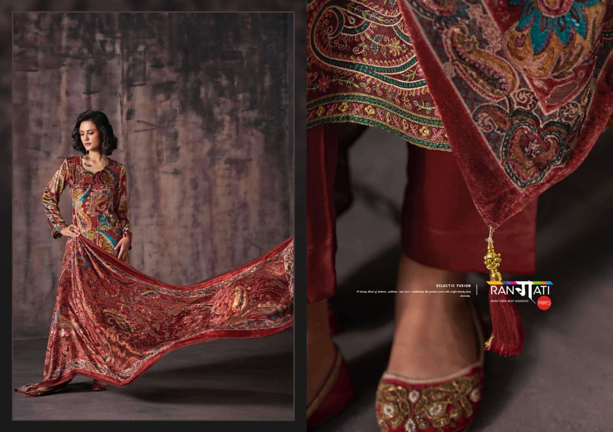 Rangati Prints Gulrez Palachi Velvet Handwork Dress Material