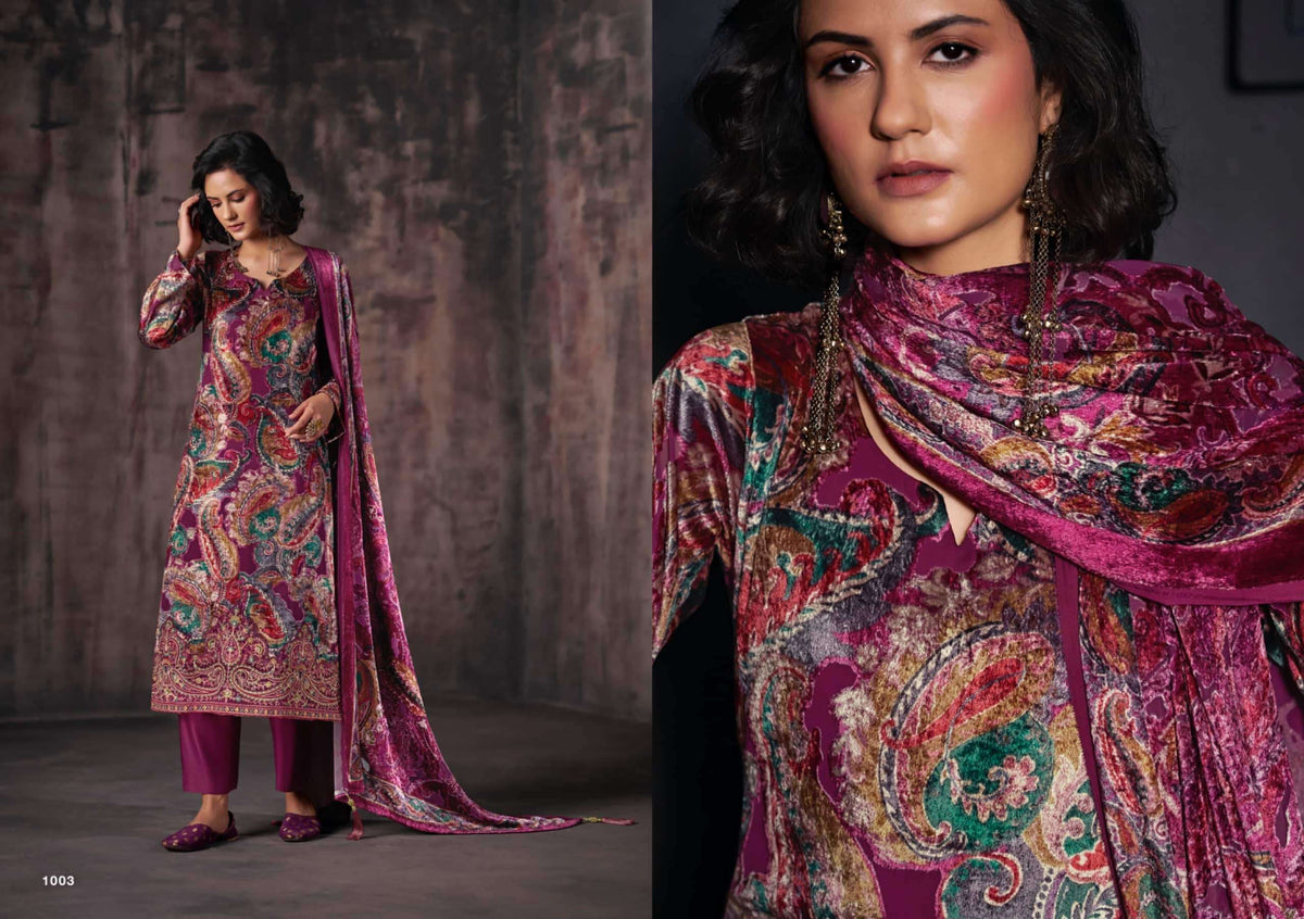 Rangati Prints Gulrez Palachi Velvet Handwork Dress Material