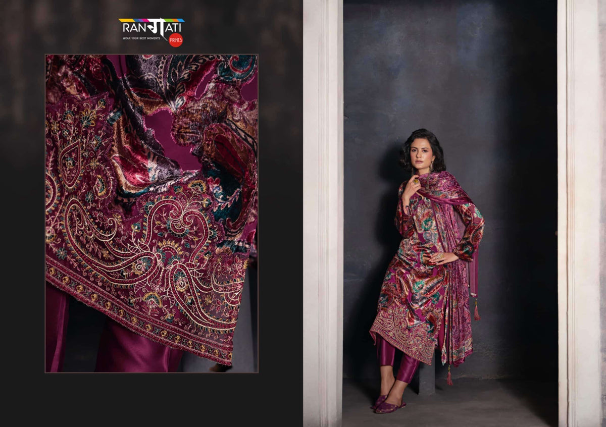 Rangati Prints Gulrez Palachi Velvet Handwork Dress Material
