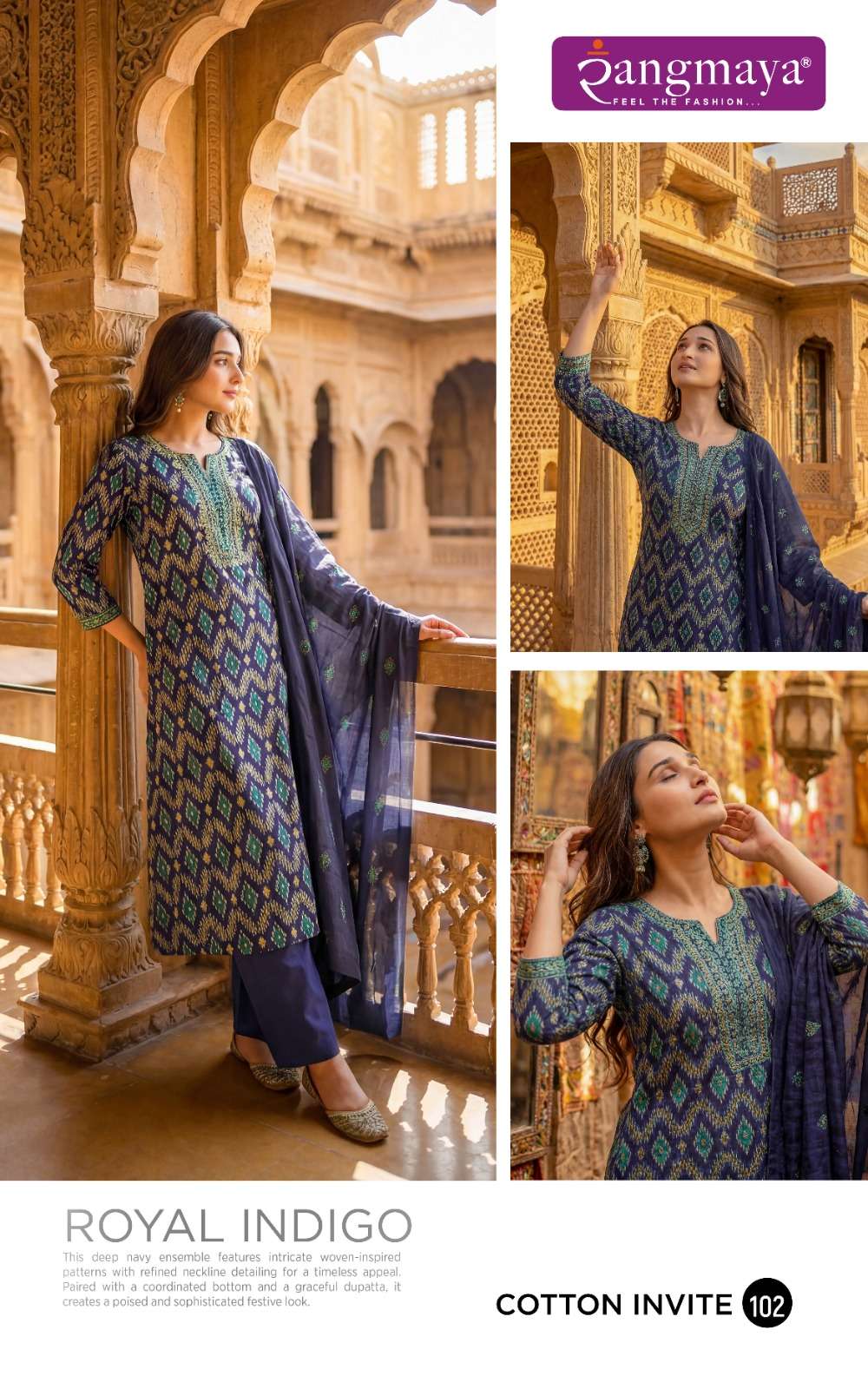 Rangmaya Cotton Invite Cotton Kurti Pant Dupatta Set - Amrah Wholesale