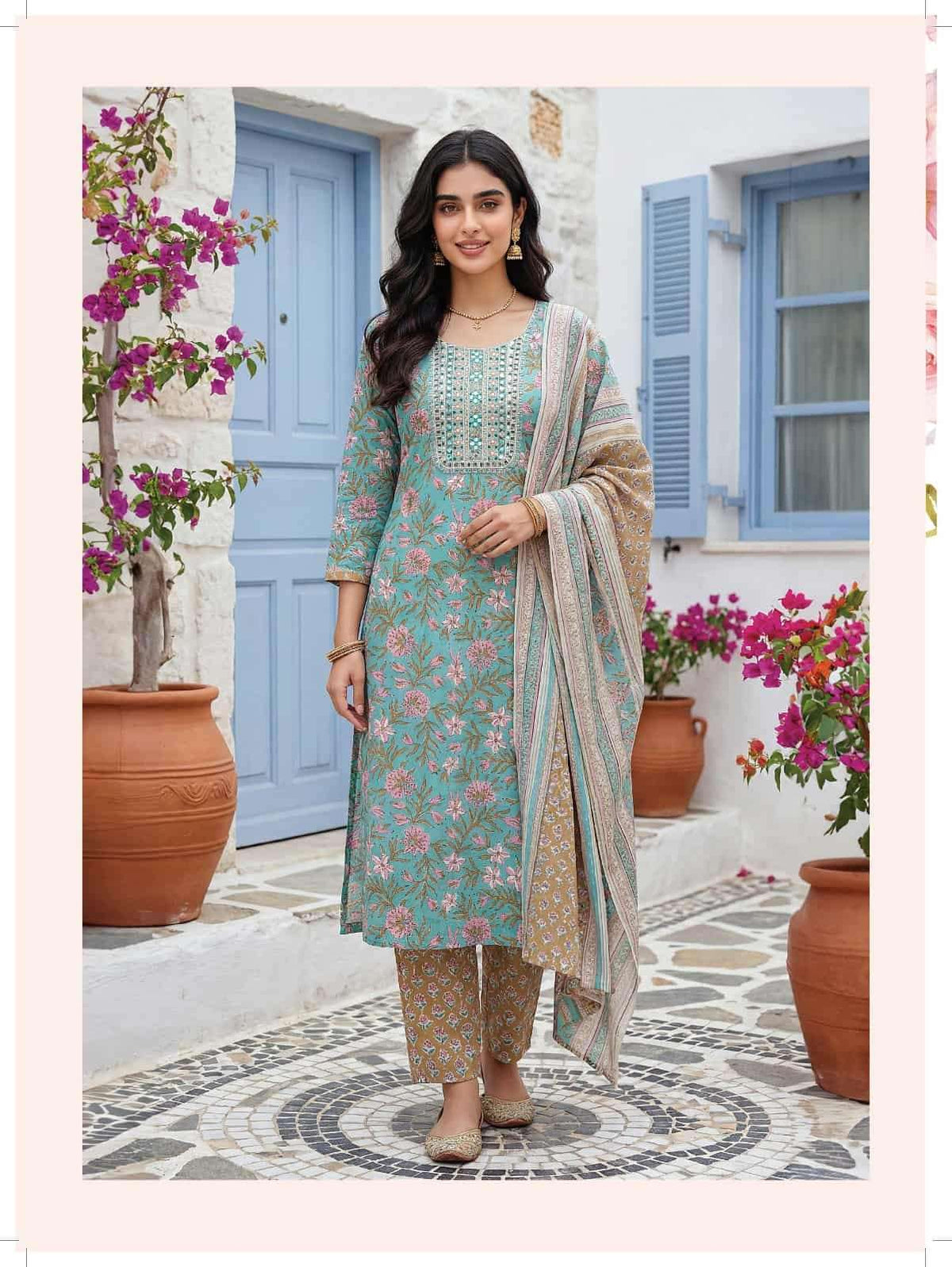Rangmaya Cotton Sky Cotton Kurti Pant Dupatta Set - Amrah Wholesale