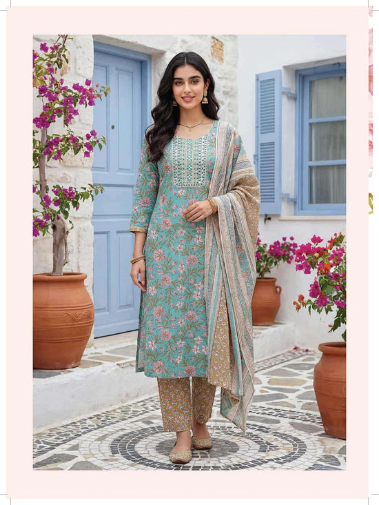 Rangmaya Cotton Sky Cotton Kurti Pant Dupatta Set - Amrah Wholesale