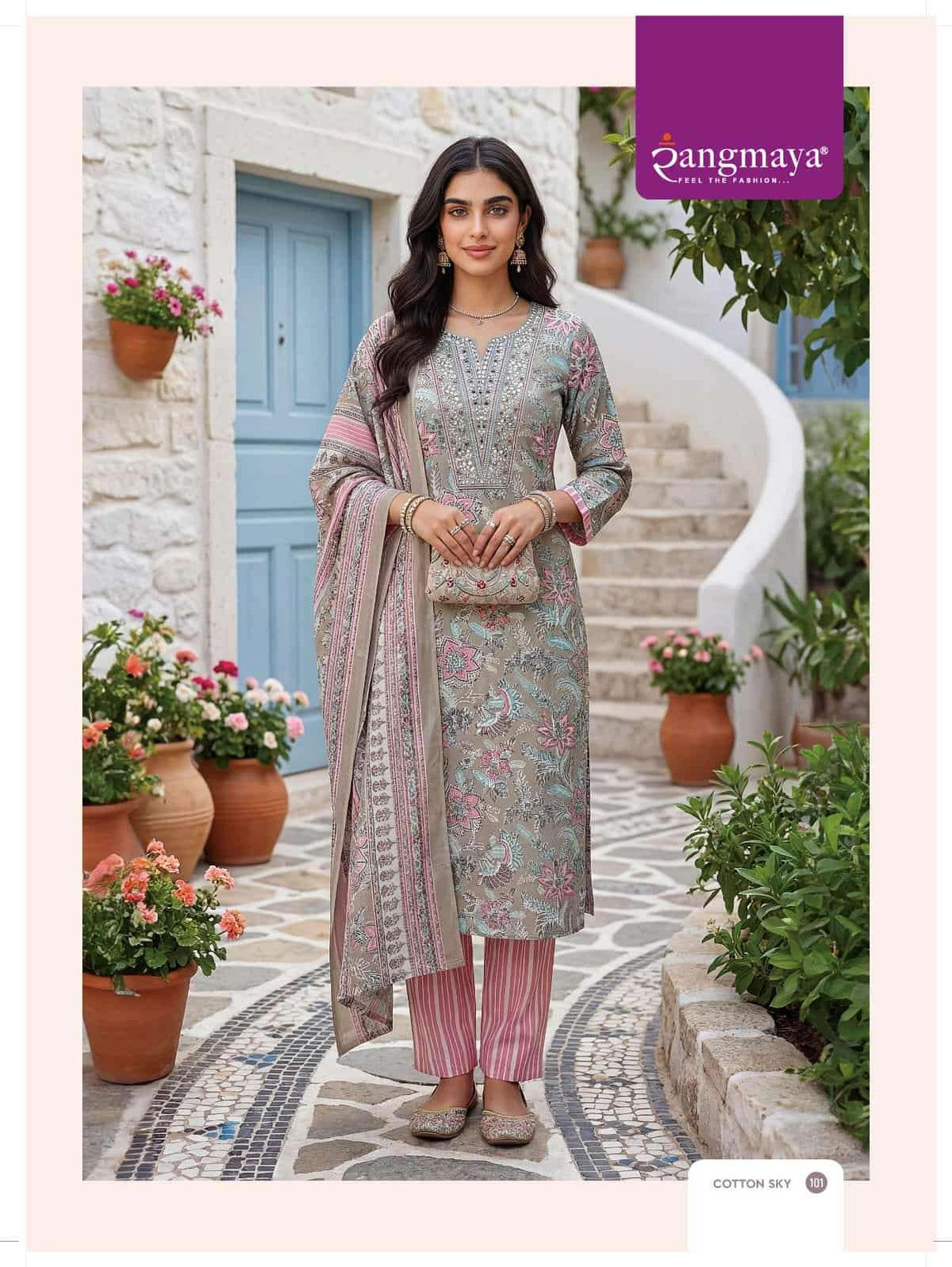 Rangmaya Cotton Sky Cotton Kurti Pant Dupatta Set - Amrah Wholesale