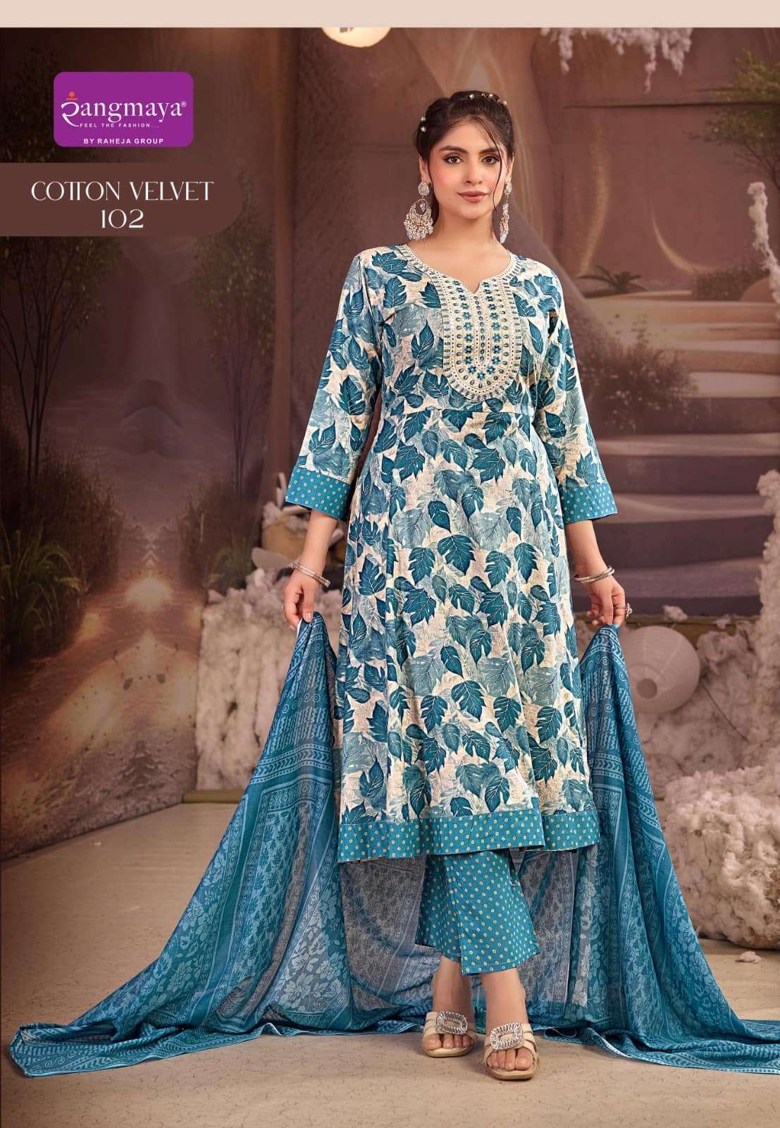 Rangmaya Cotton Velvet Cotton Ready-made Kurti Pant Dupatta Set