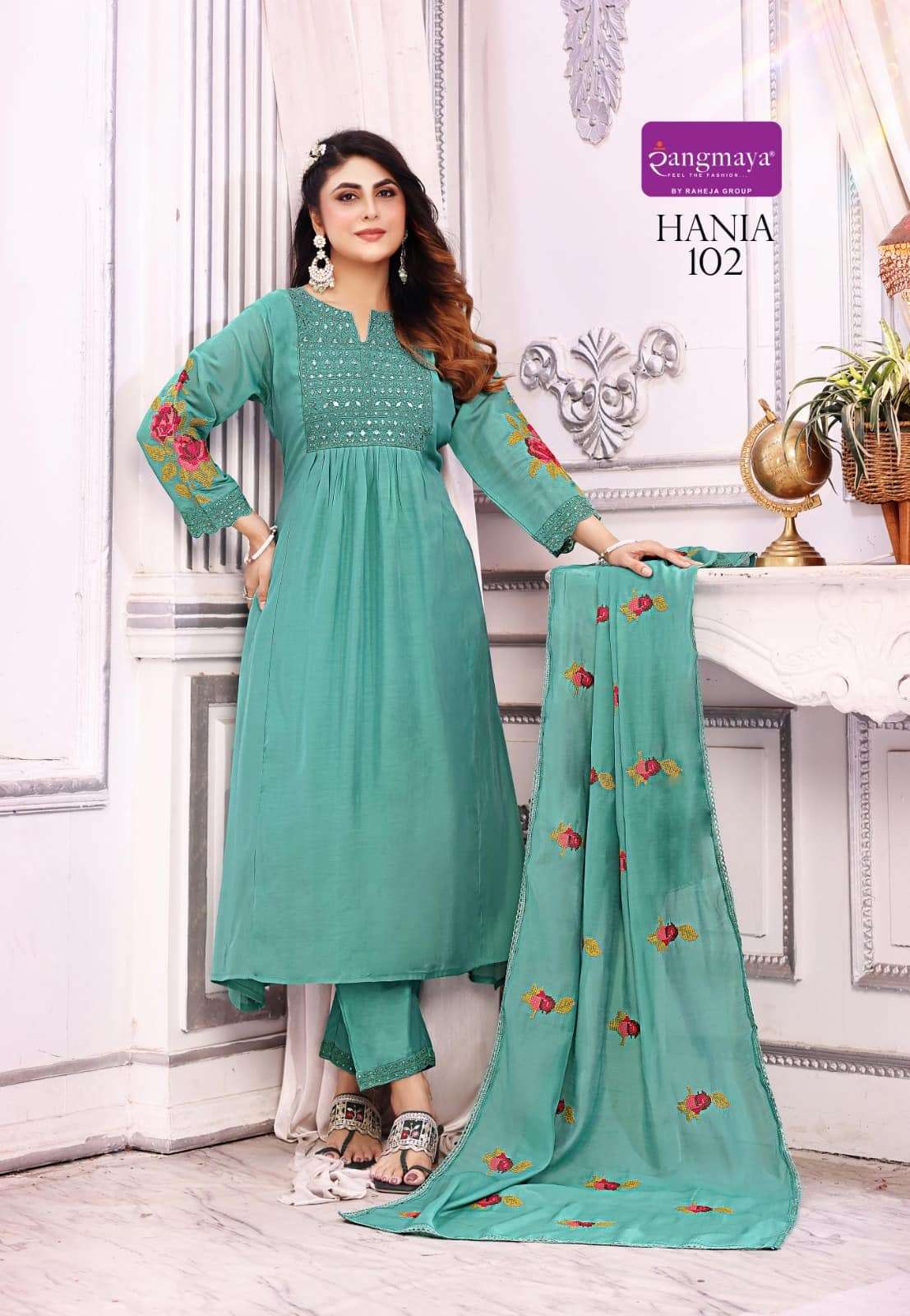 Rangmaya Hania Mal Chanderi Kurti Pant Dupatta Set - Amrah Wholesale