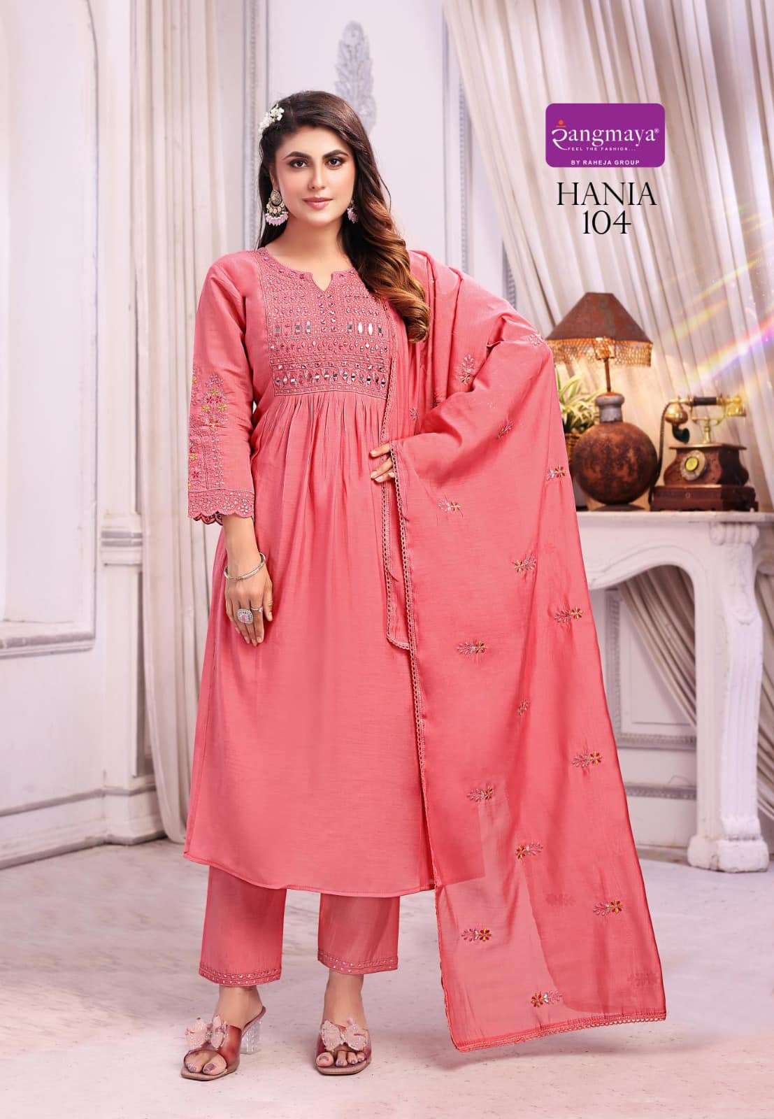 Rangmaya Hania Mal Chanderi Kurti Pant Dupatta Set - Amrah Wholesale