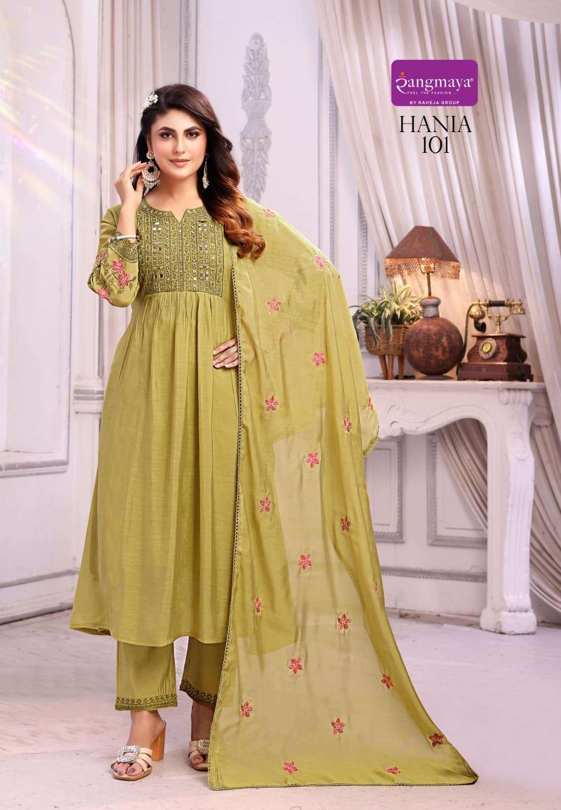 Rangmaya Hania Mal Chanderi Kurti Pant Dupatta Set - Amrah Wholesale