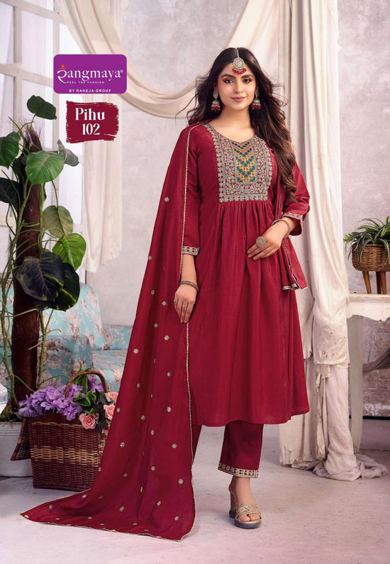 Rangmaya Pihu Roman Silk Embroidered Kurti Pant Dupatta Set