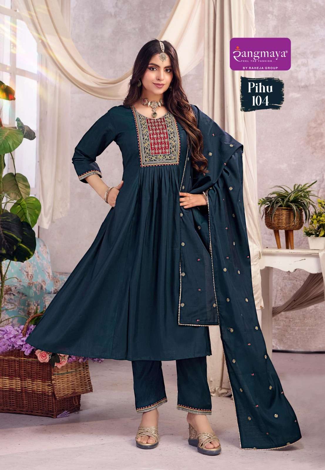 Rangmaya Pihu Roman Silk Embroidered Kurti Pant Dupatta Set
