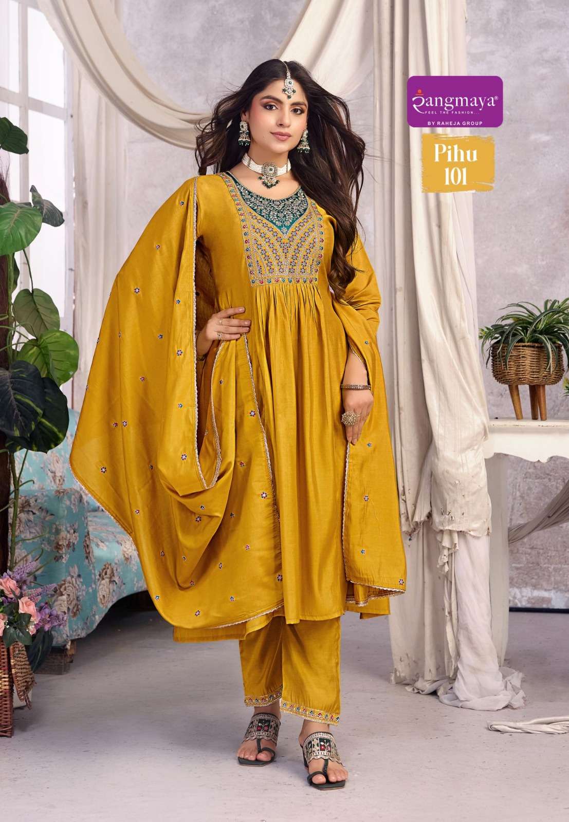 Rangmaya Pihu Roman Silk Embroidered Kurti Pant Dupatta Set