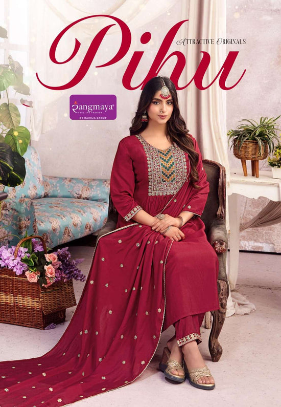 Rangmaya Pihu Roman Silk Embroidered Kurti Pant Dupatta Set