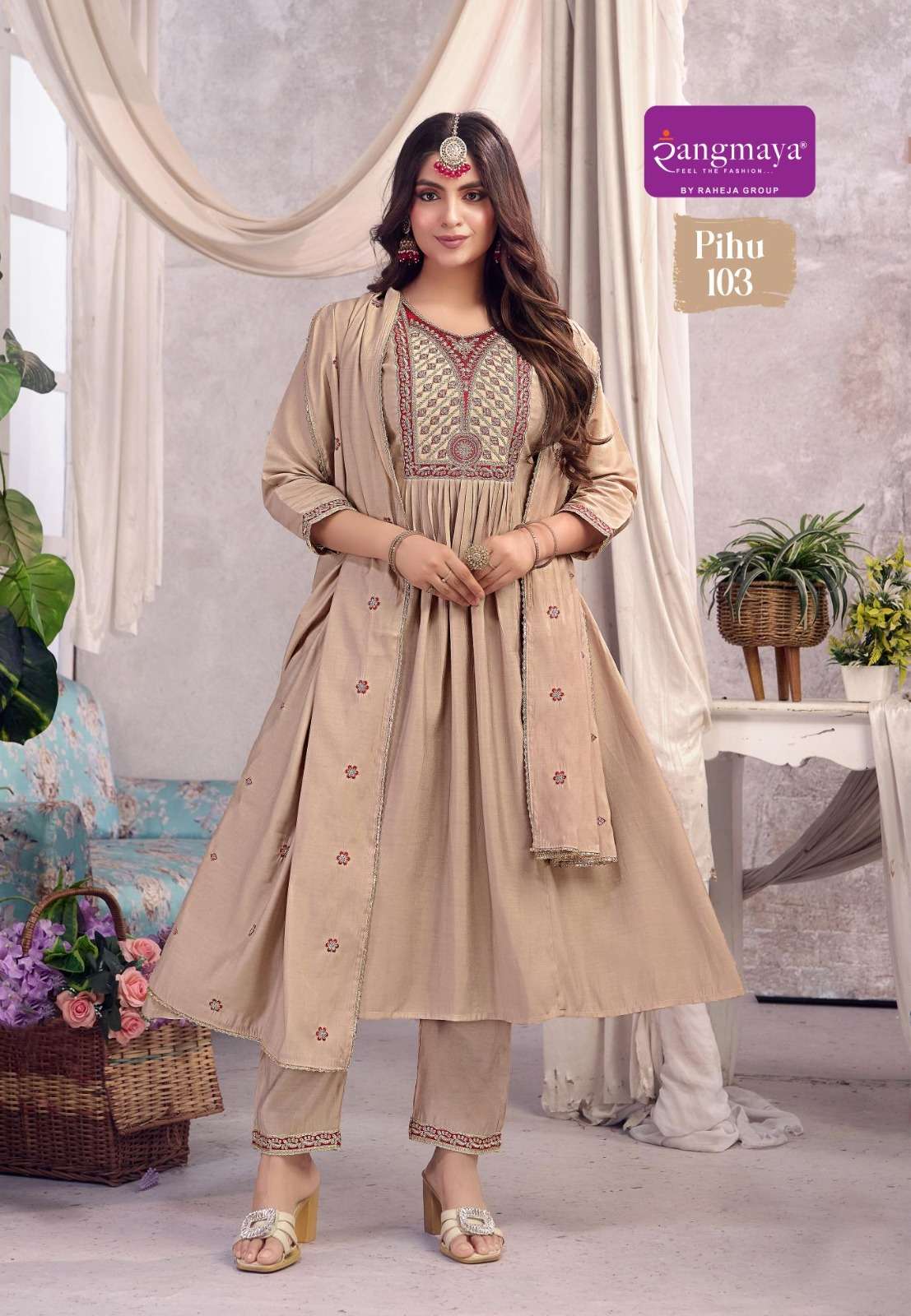 Rangmaya Pihu Roman Silk Embroidered Kurti Pant Dupatta Set