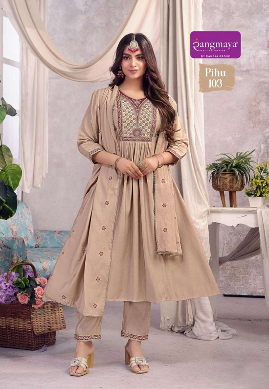 Rangmaya Pihu Roman Silk Embroidered Kurti Pant Dupatta Set
