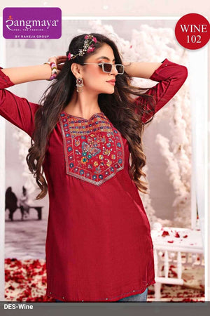 Rangmaya Wine Cotton Embroidered Stitched Tunics Set