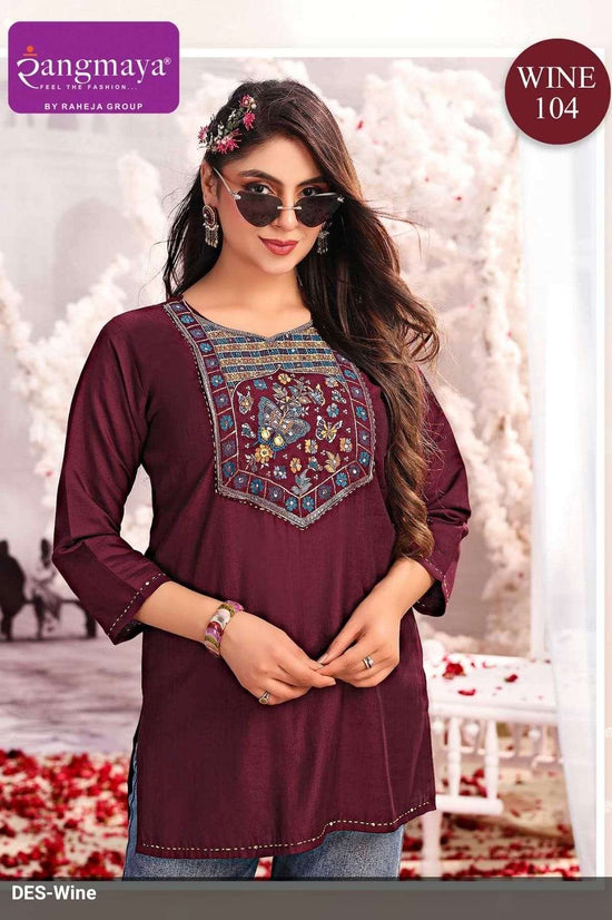 Rangmaya Wine Cotton Embroidered Stitched Tunics Set