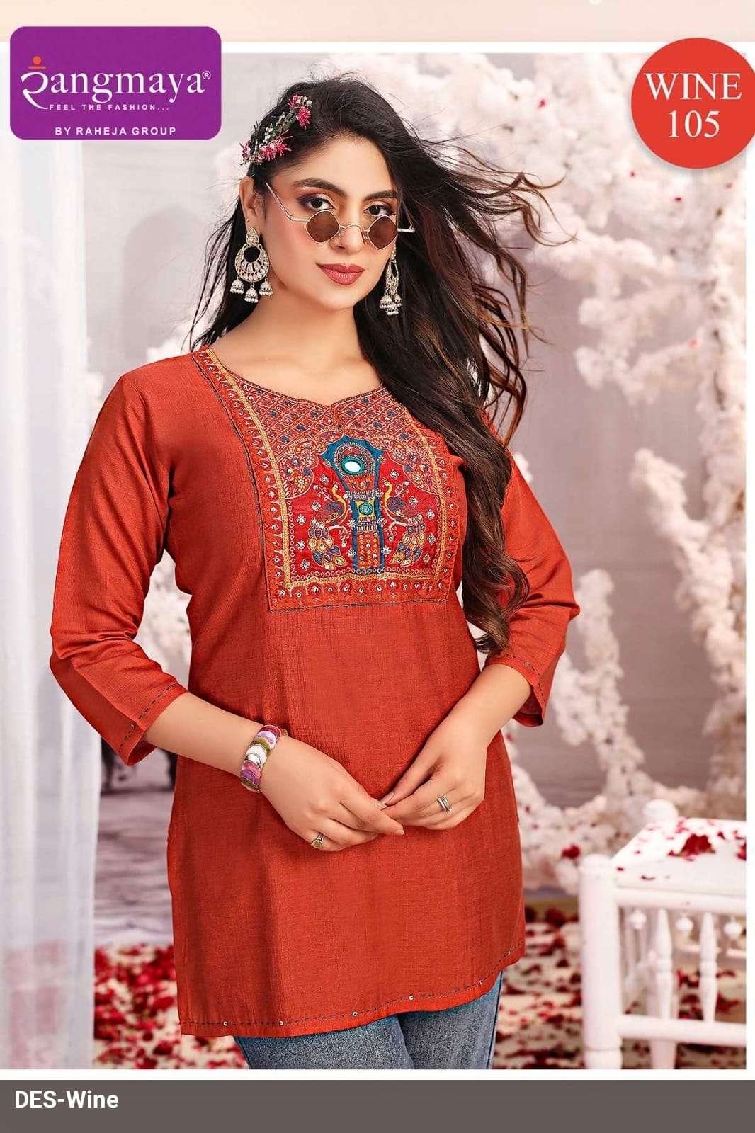 Rangmaya Wine Cotton Embroidered Stitched Tunics Set