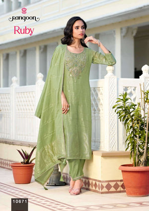 Rangoon Kurti Ruby Organza Khatli Handwork Kurti Pant Dupatta Set - Amrah Wholesale