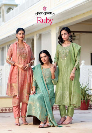 Rangoon Kurti Ruby Organza Khatli Handwork Kurti Pant Dupatta Set - Amrah Wholesale