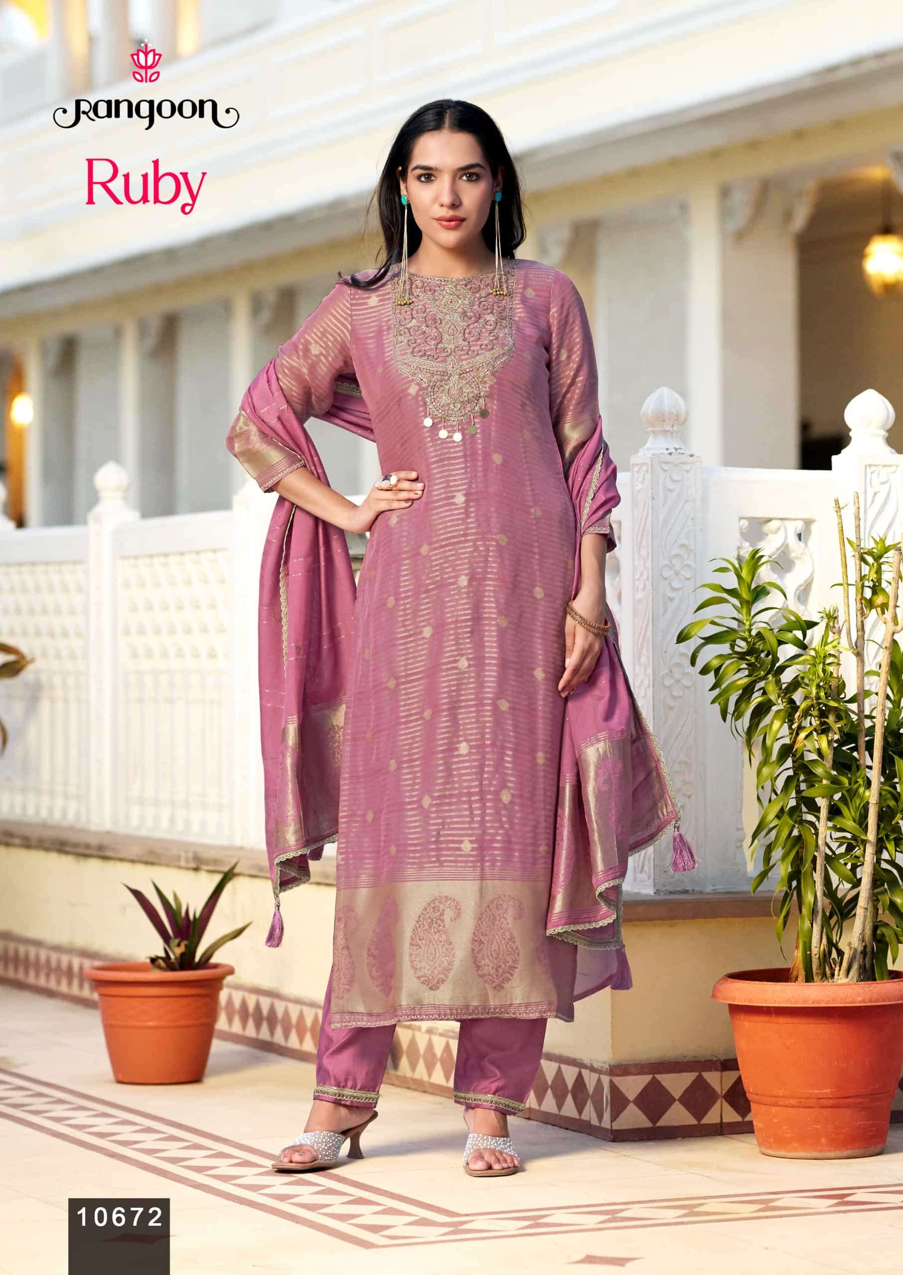 Rangoon Kurti Ruby Organza Khatli Handwork Kurti Pant Dupatta Set