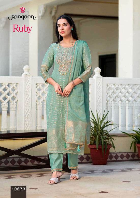 Rangoon Kurti Ruby Organza Khatli Handwork Kurti Pant Dupatta Set
