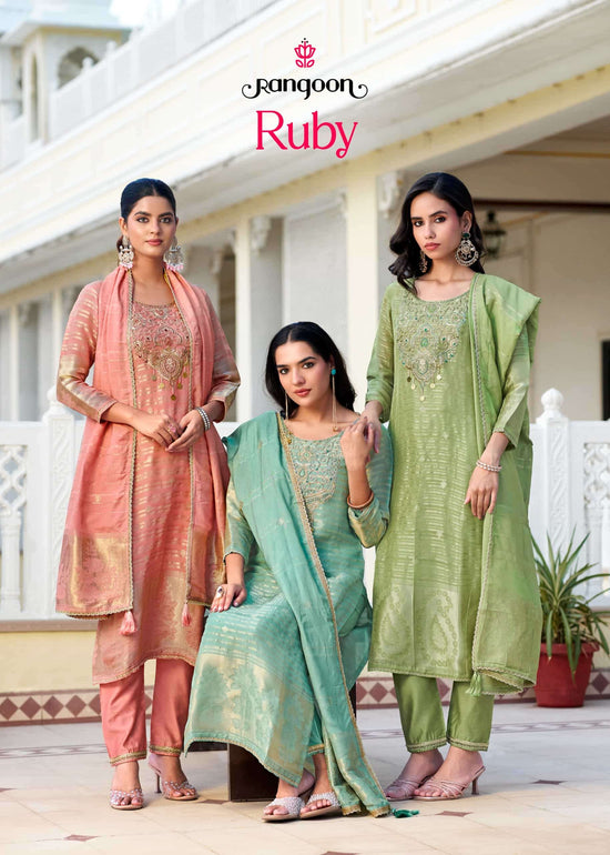 Rangoon Kurti Ruby Organza Khatli Handwork Kurti Pant Dupatta Set