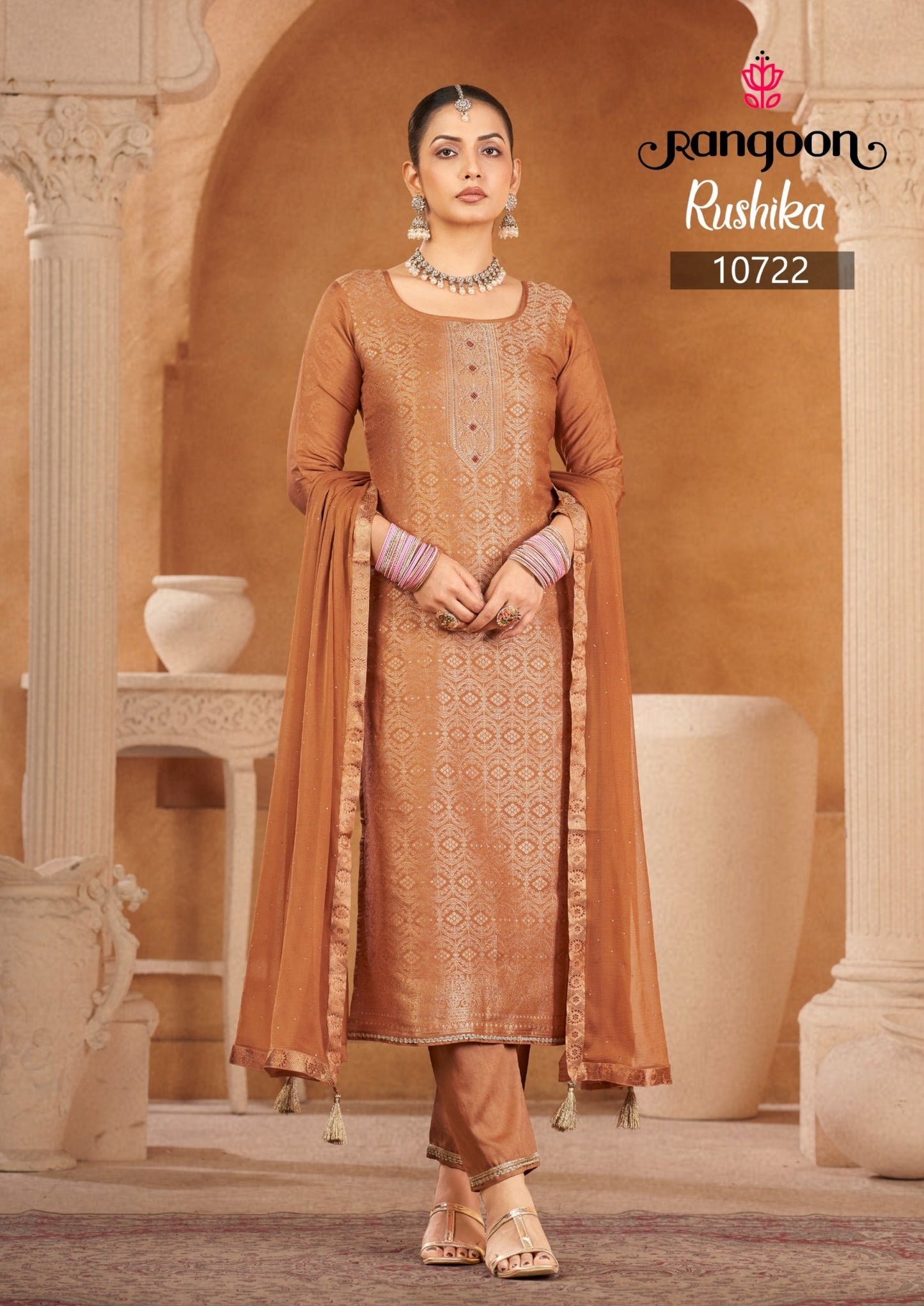 Rangoon Rushika Viscose Muslin Jacquard Kurti Bottom Dupatta Set - Amrah Wholesale