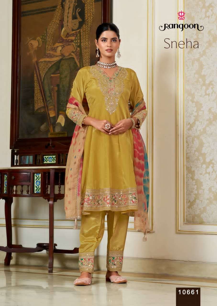 Rangoon Sneha Designer H.O. Fabric Kurti Pant Dupatta Set - Amrah Wholesale