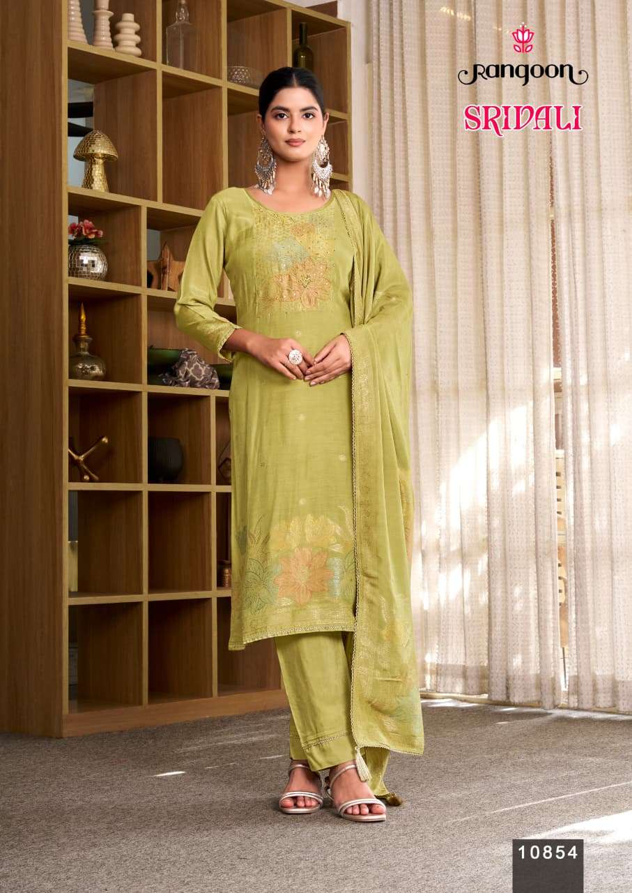 Rangoon Kurti Srivali Pure Muslin Jacquard Handwork Kurti Pant Dupatta Set