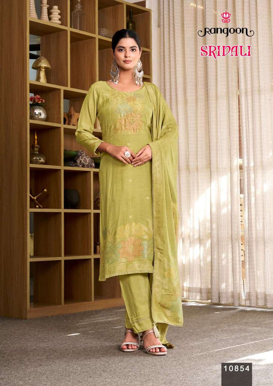 Rangoon Kurti Srivali Pure Muslin Jacquard Handwork Kurti Pant Dupatta Set