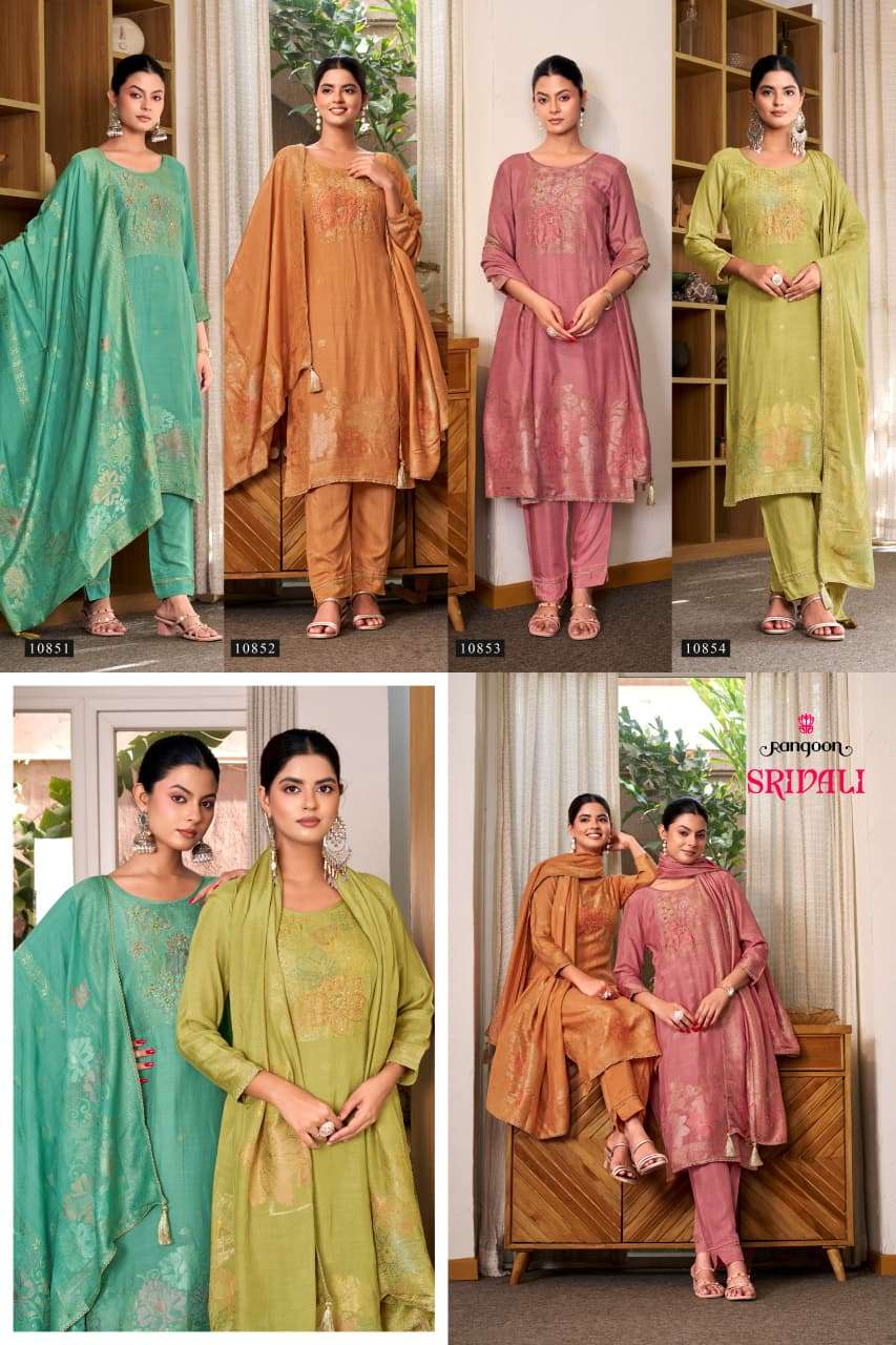 Rangoon Kurti Srivali Pure Muslin Jacquard Handwork Kurti Pant Dupatta Set