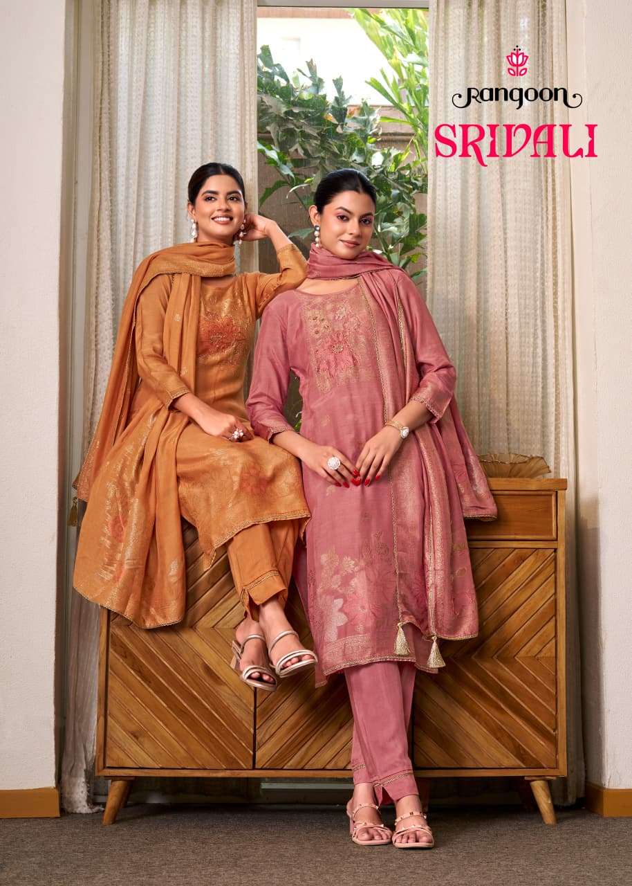 Rangoon Kurti Srivali Pure Muslin Jacquard Handwork Kurti Pant Dupatta Set