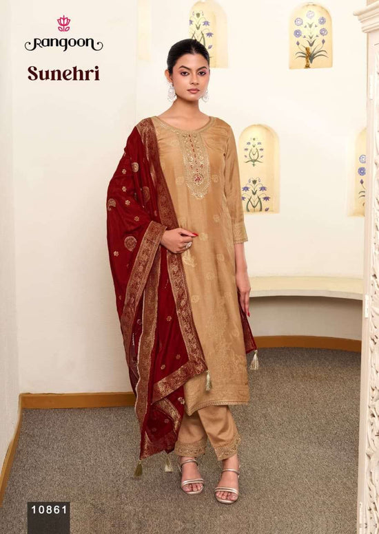 Rangoon Sunehri Pure Russian Jacquard Designer Salwar Suit Set - Amrah Wholesale