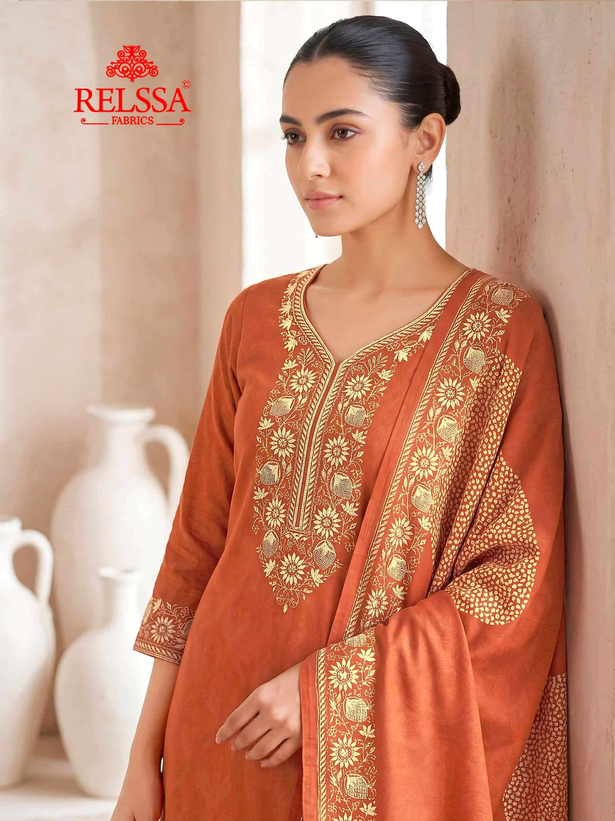 Relssa Fabrics Bandhani Premium Bemberg Muslin Embroidered Dress Material