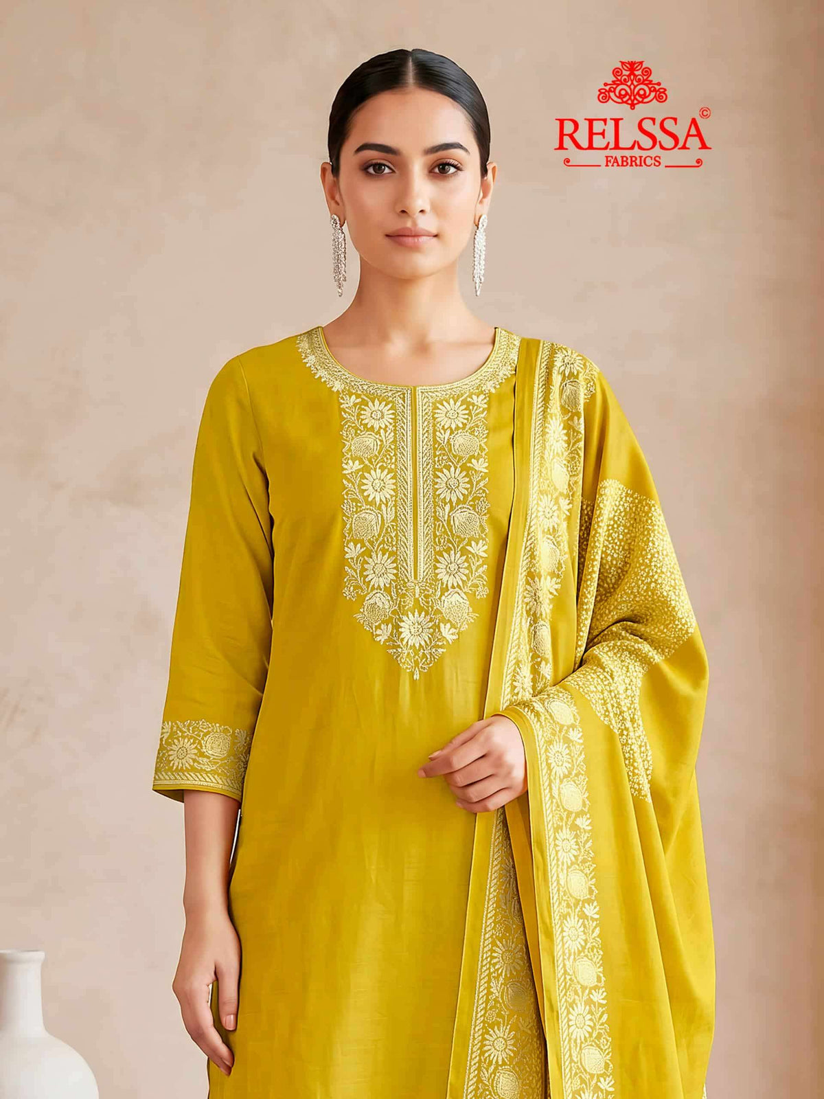 Relssa Fabrics Bandhani Premium Bemberg Muslin Embroidered Dress Material