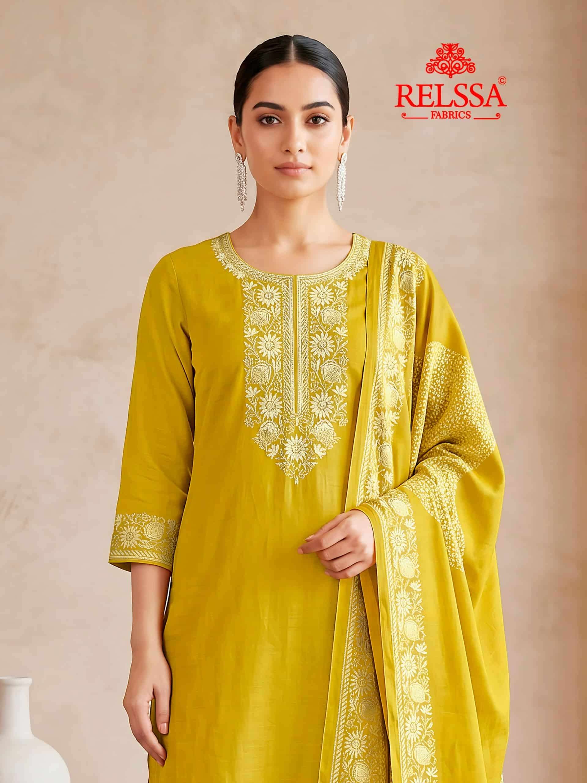 Relssa Fabrics Bandhani Premium Bemberg Muslin Embroidered Dress Material