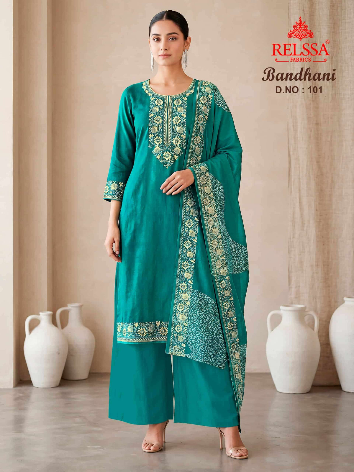 Relssa Fabrics Bandhani Premium Bemberg Muslin Embroidered Dress Material