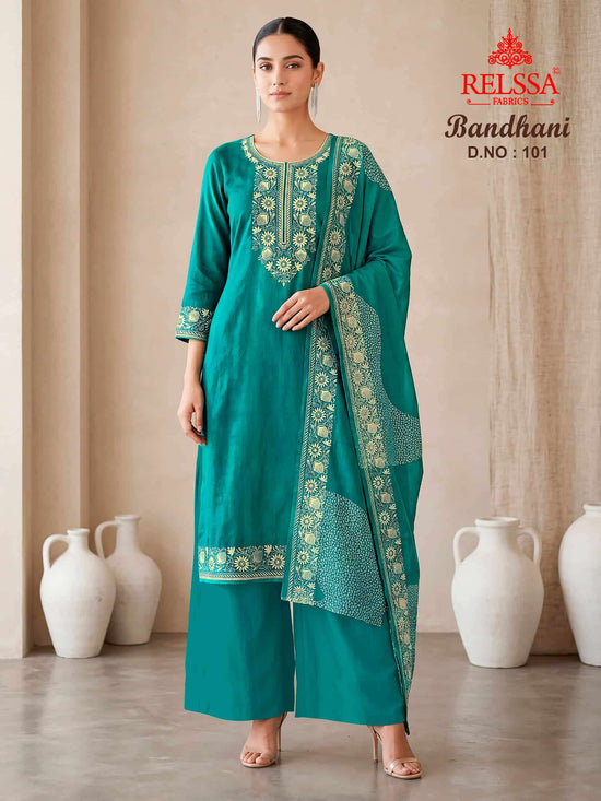 Relssa Fabrics Bandhani Premium Bemberg Muslin Embroidered Dress Material
