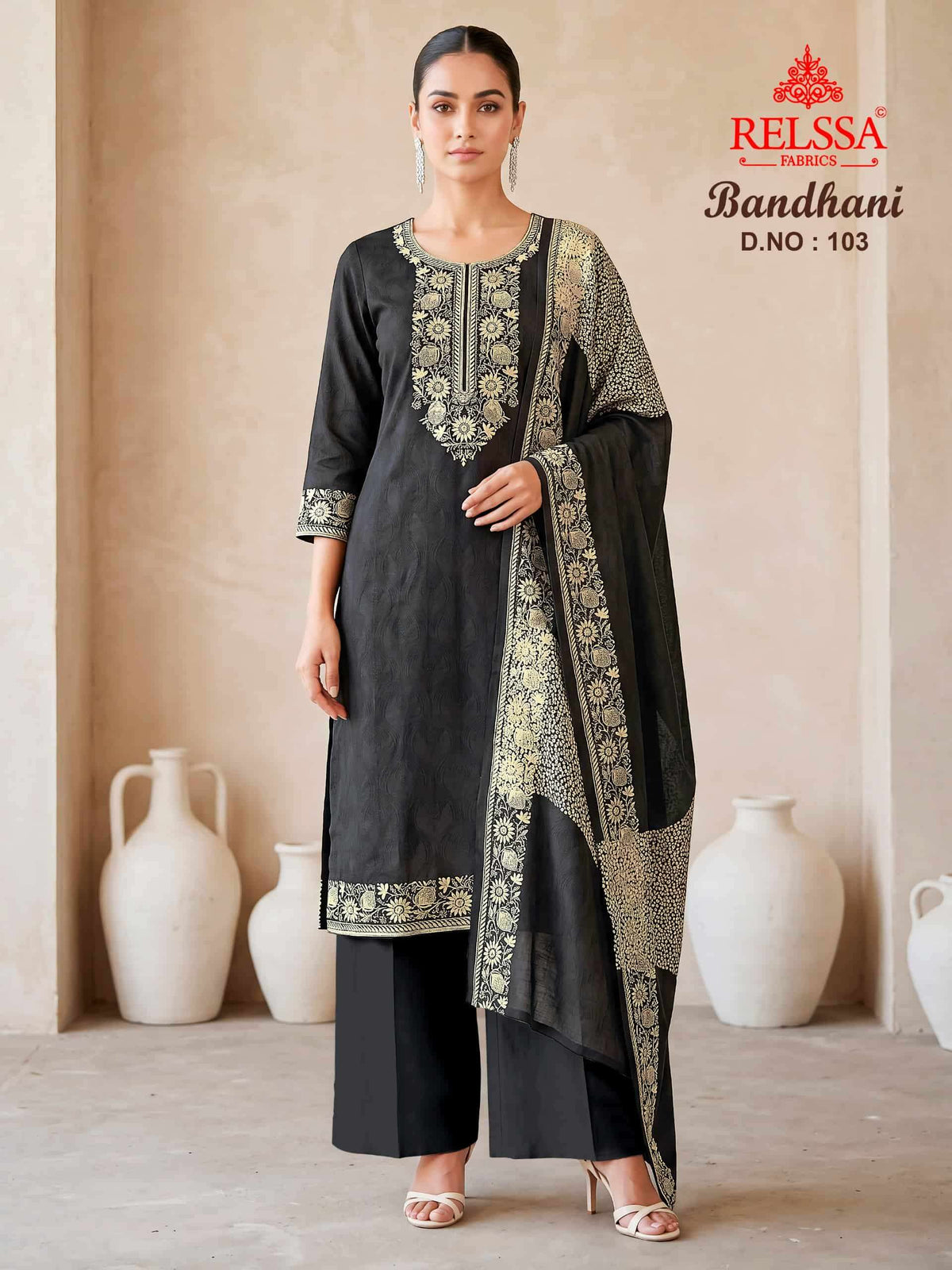 Relssa Fabrics Bandhani Premium Bemberg Muslin Embroidered Dress Material