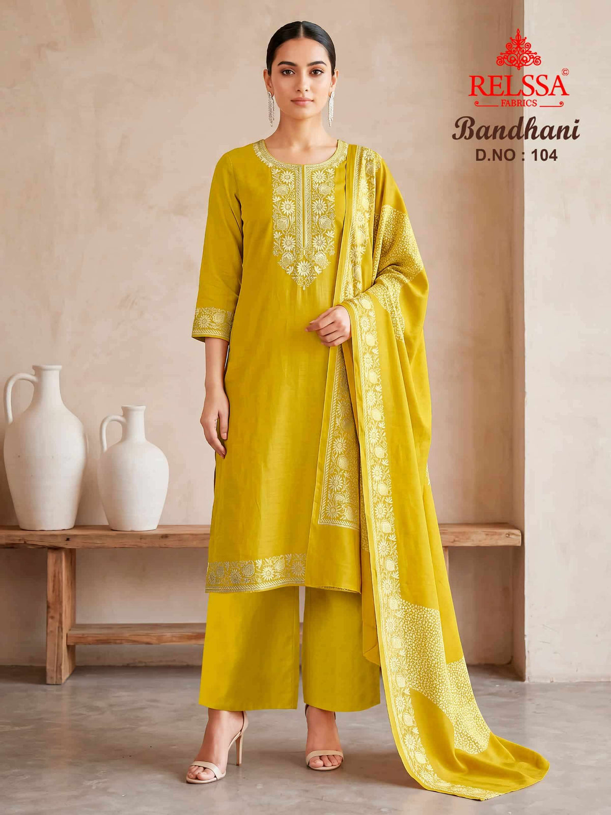 Relssa Fabrics Bandhani Premium Bemberg Muslin Embroidered Dress Material