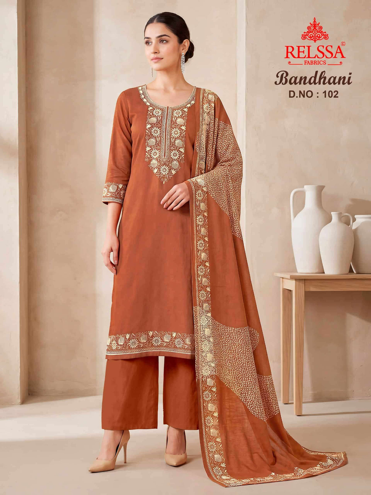 Relssa Fabrics Bandhani Premium Bemberg Muslin Embroidered Dress Material