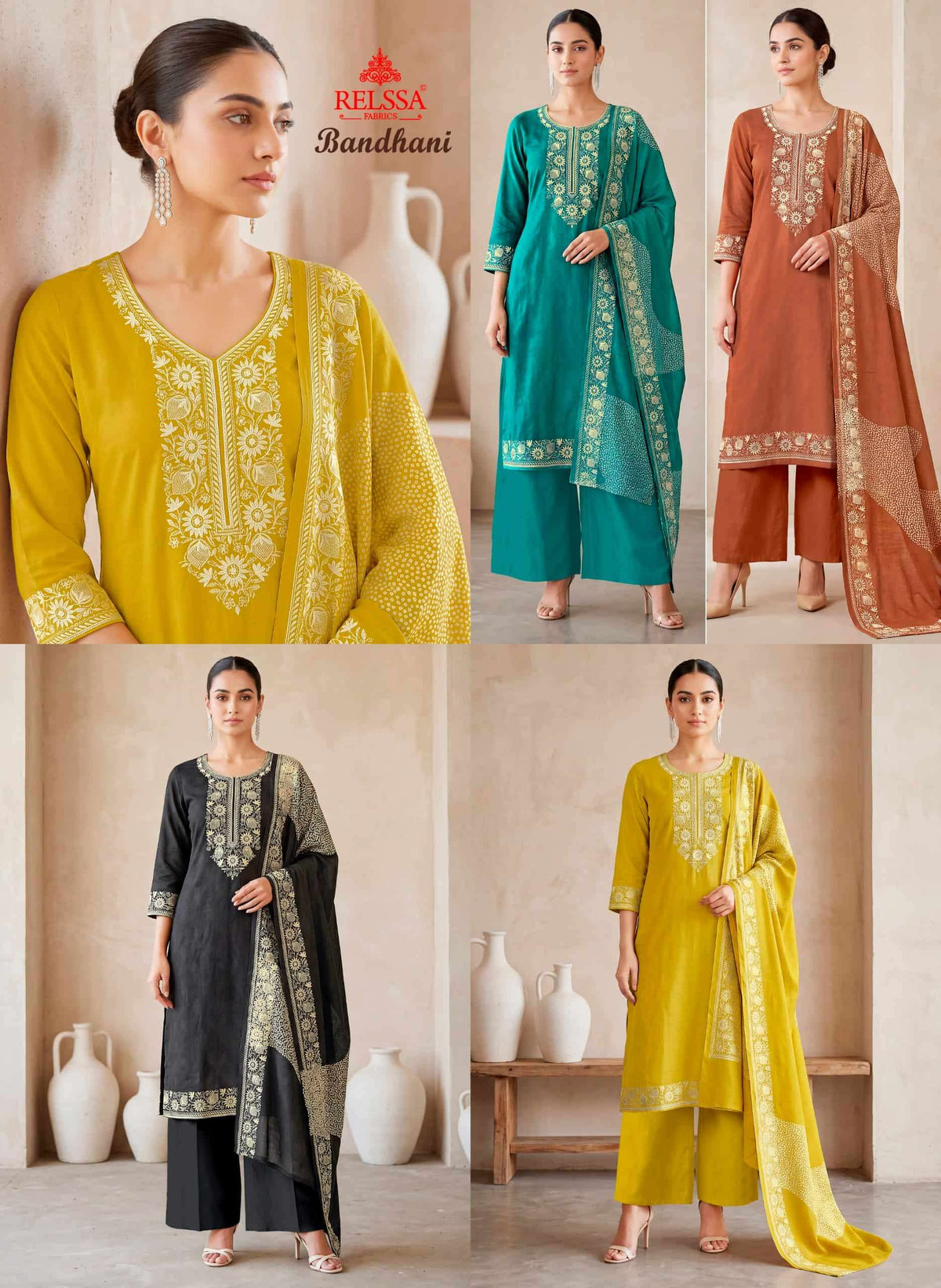 Relssa Fabrics Bandhani Premium Bemberg Muslin Embroidered Dress Material