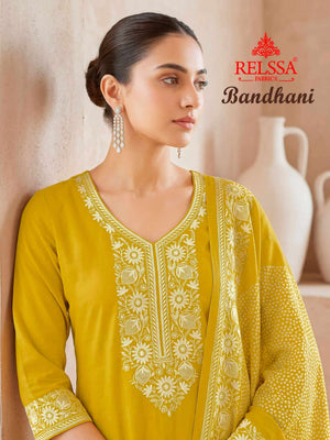 Relssa Fabrics Bandhani Premium Bemberg Muslin Embroidered Dress Material