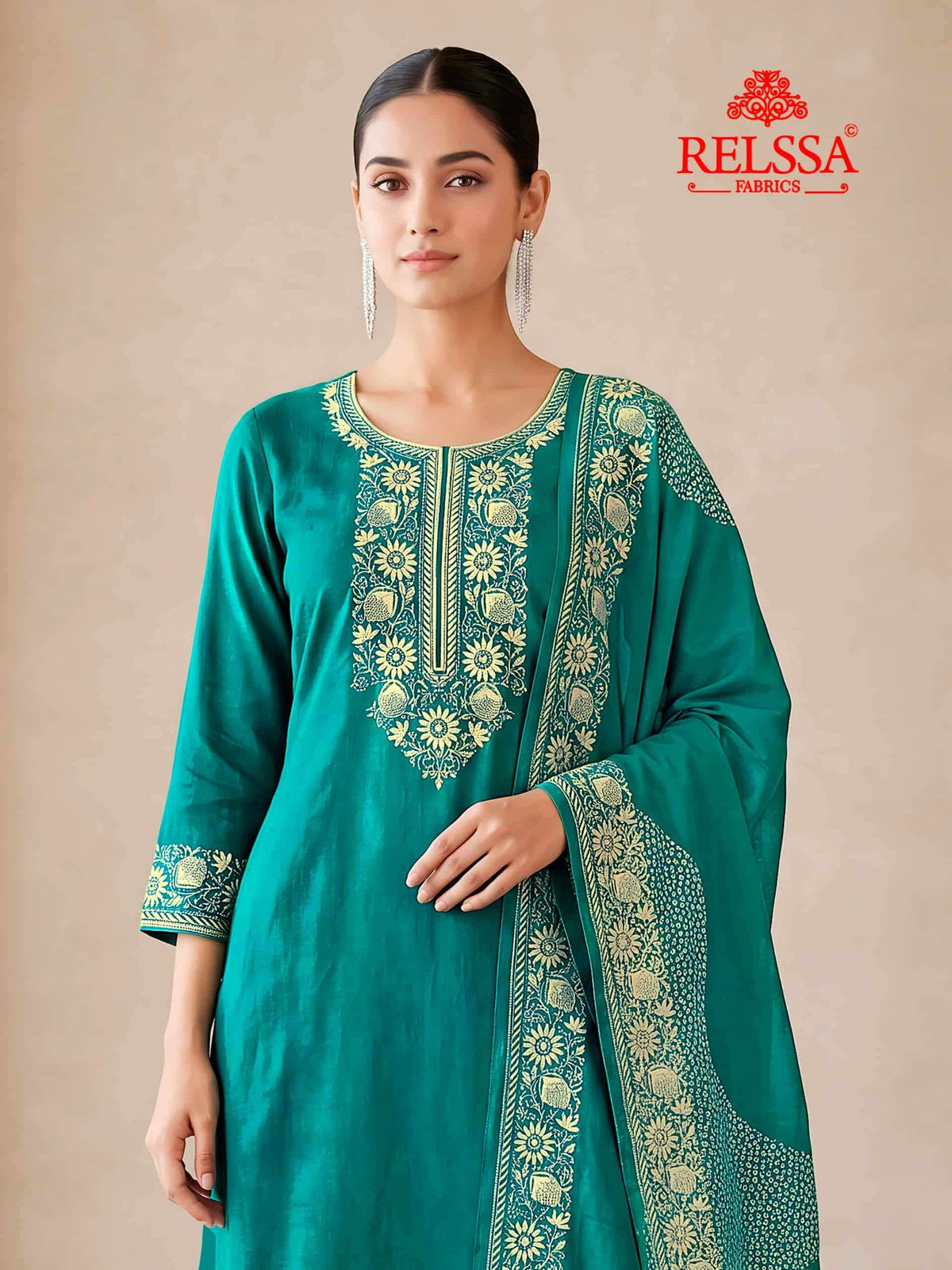 Relssa Fabrics Bandhani Premium Bemberg Muslin Embroidered Dress Material
