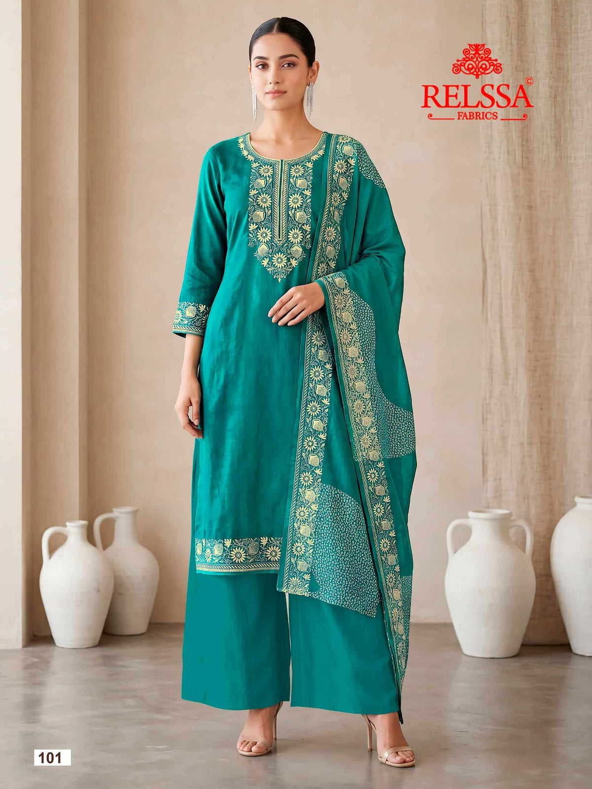 Relssa Fabrics Bandhani Premium Bemberg Muslin Embroidered Dress Material