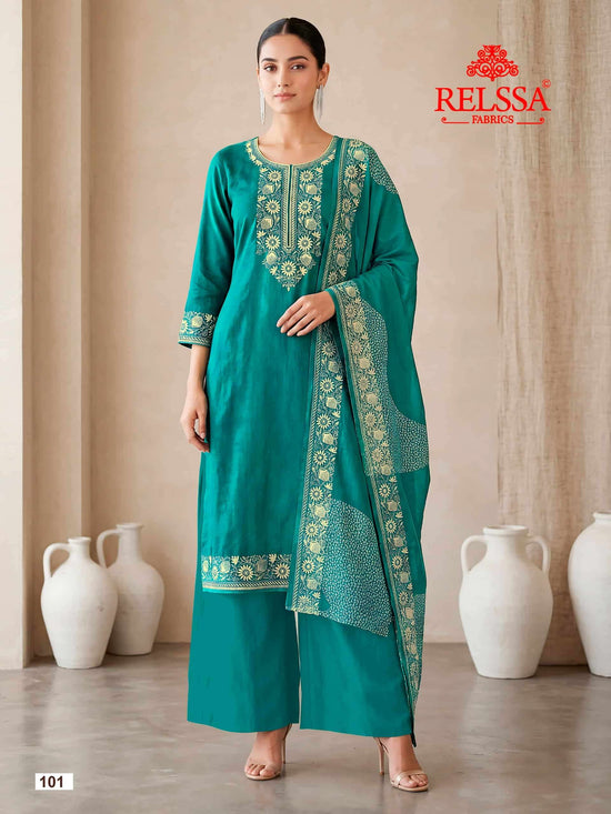 Relssa Fabrics Bandhani Premium Bemberg Muslin Embroidered Dress Material