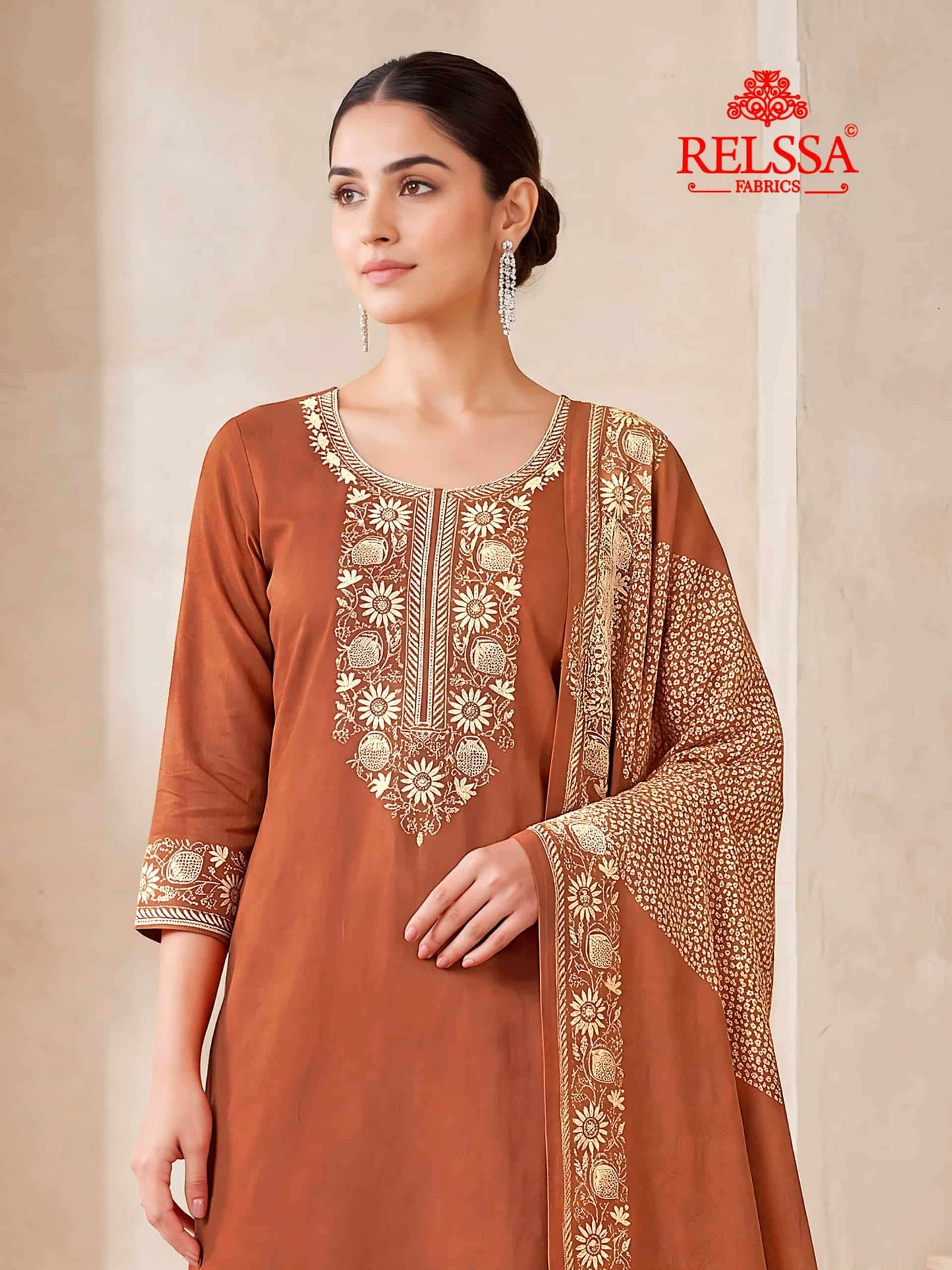 Relssa Fabrics Bandhani Premium Bemberg Muslin Embroidered Dress Material